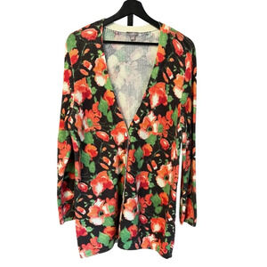 J. Jill Cotton Waffle Knit Floral Longline Cardigan Brown Multi Watercolor Large